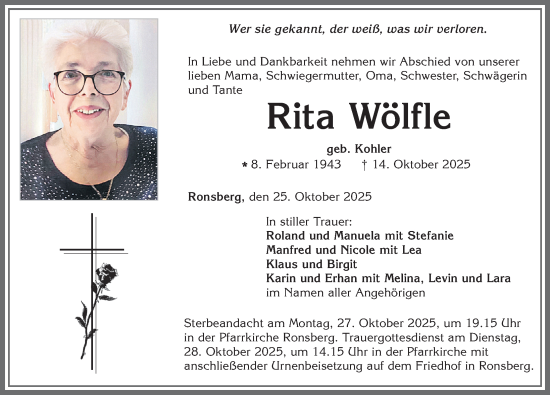 Traueranzeige von Rita Wölfle von Allgäuer Zeitung, Marktoberdorf