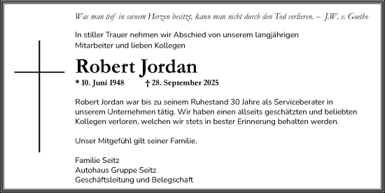 Traueranzeige von Robert Jordan von Allgäuer Zeitung,Kempten
