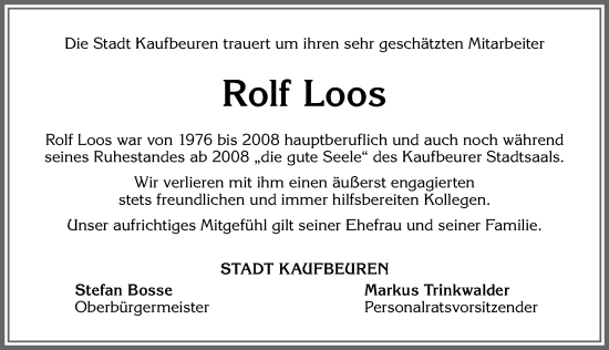 Traueranzeige von Rolf Loos von Allgäuer Zeitung, Kaufbeuren/Buchloe