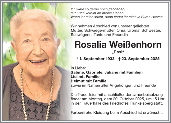 Traueranzeige von Rosalia Weißenhorn von Memminger Zeitung