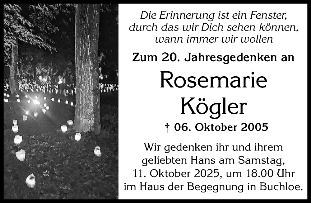  Traueranzeige für Rosemarie Kögler vom 04.10.2025 aus Allgäuer Zeitung, Kaufbeuren/Buchloe