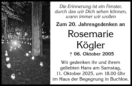 Traueranzeige von Rosemarie Kögler von Allgäuer Zeitung, Kaufbeuren/Buchloe