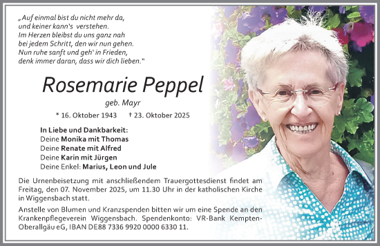 Traueranzeige von Rosemarie Peppel von Allgäuer Zeitung,Kempten