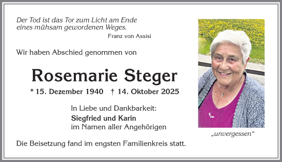 Traueranzeige von Rosemarie Steger von Allgäuer Zeitung,Kempten