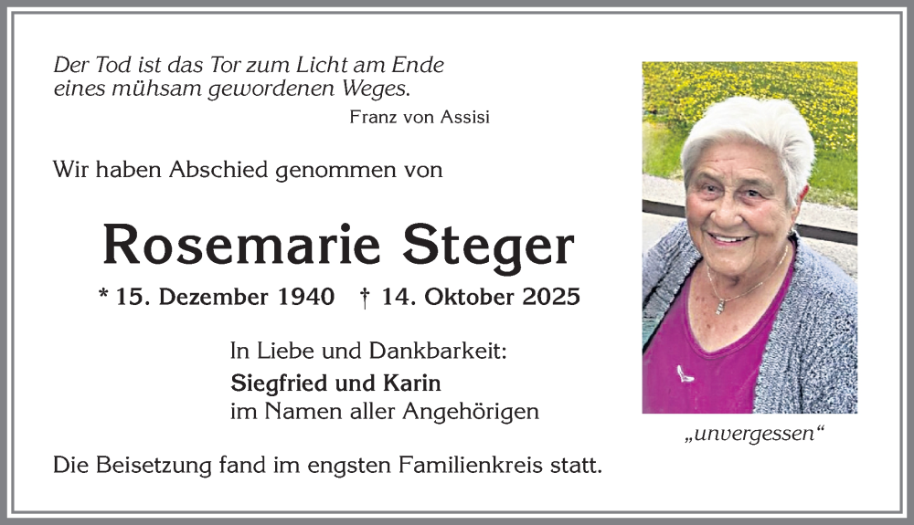  Traueranzeige für Rosemarie Steger vom 31.10.2025 aus Allgäuer Zeitung,Kempten