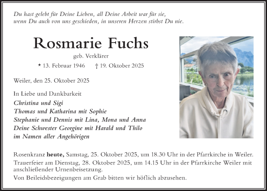 Traueranzeige von Rosmarie Fuchs von Der Westallgäuer