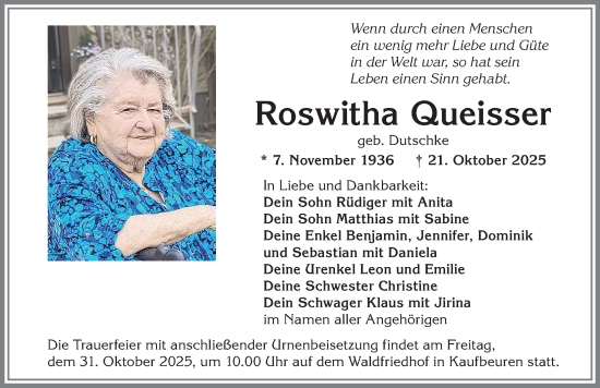 Traueranzeige von Roswitha Queisser von Allgäuer Zeitung, Kaufbeuren/Buchloe