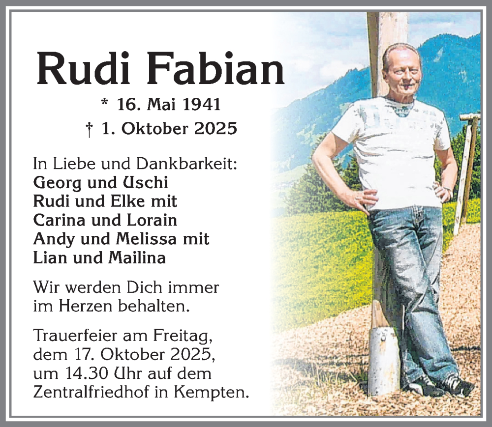  Traueranzeige für Rudi Fabian vom 11.10.2025 aus Allgäuer Zeitung,Kempten