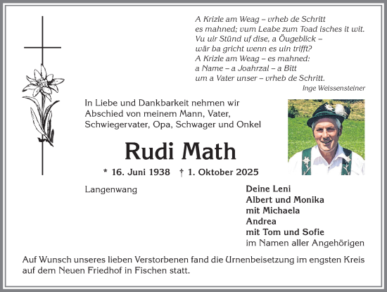 Traueranzeige von Rudi Math von Allgäuer Anzeigeblatt
