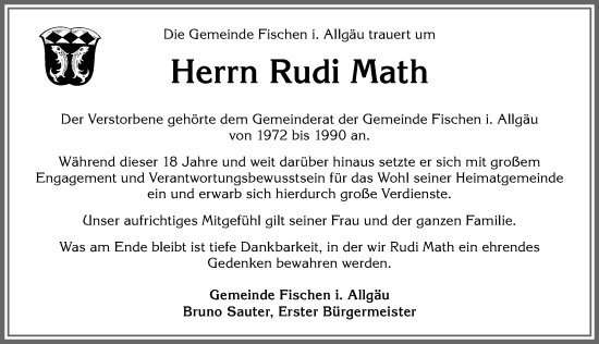 Traueranzeige von Rudi Math von Allgäuer Anzeigeblatt