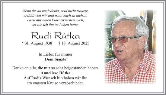 Traueranzeige von Rudi Rútka von Allgäuer Zeitung, Marktoberdorf