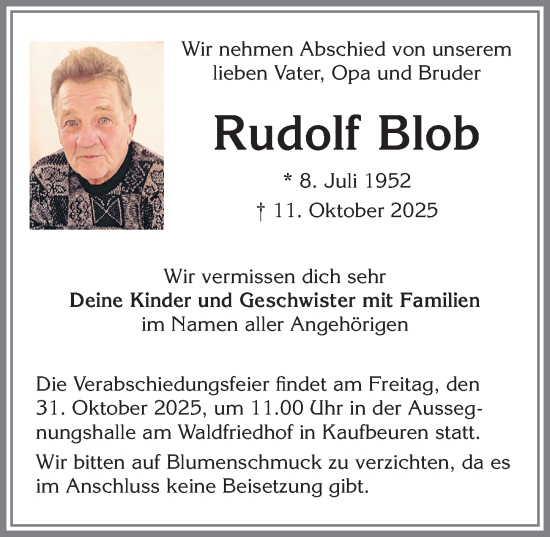 Traueranzeige von Rudolf Blob von Allgäuer Zeitung, Kaufbeuren/Buchloe