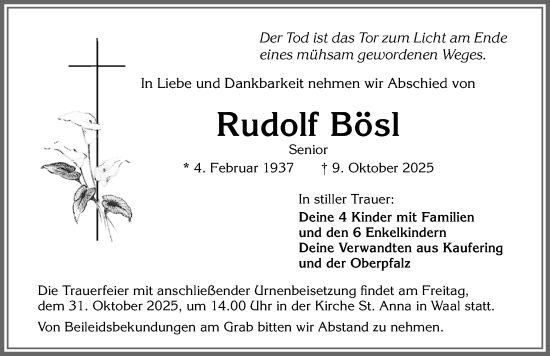 Traueranzeige von Rudolf Bösl von Allgäuer Zeitung, Kaufbeuren/Buchloe