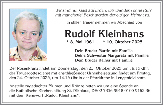 Traueranzeige von Rudolf Kleinhans von Allgäuer Zeitung, Kaufbeuren/Buchloe
