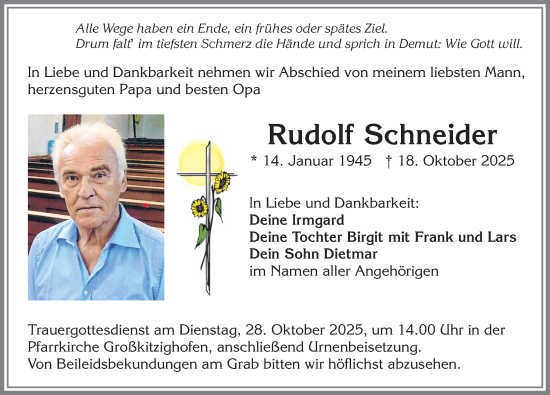 Traueranzeige von Rudolf Schneider von Allgäuer Zeitung, Kaufbeuren/Buchloe