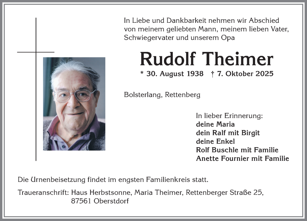  Traueranzeige für Rudolf Theimer vom 11.10.2025 aus Allgäuer Anzeigeblatt