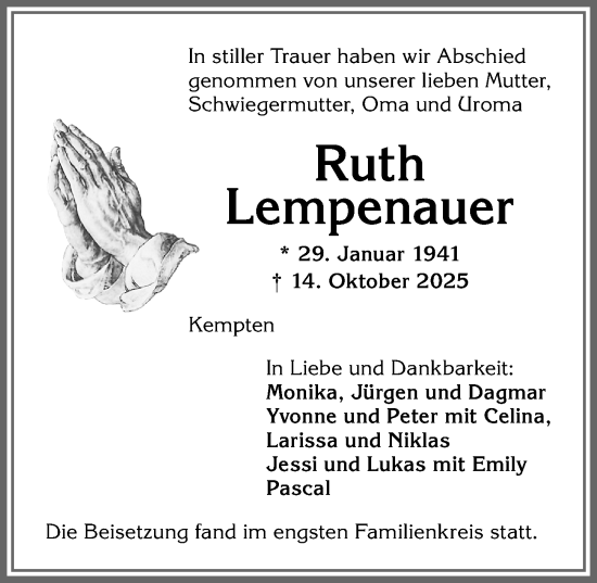 Traueranzeige von Ruth Lempenauer von Allgäuer Zeitung,Kempten