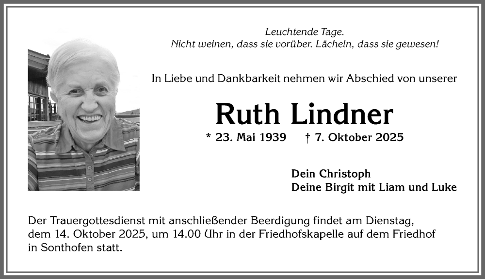  Traueranzeige für Ruth Lindner vom 11.10.2025 aus Allgäuer Anzeigeblatt