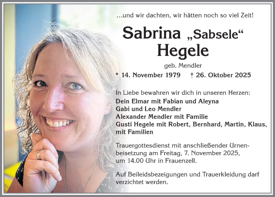 Traueranzeige von Sabrina Hegele von Allgäuer Zeitung,Kempten