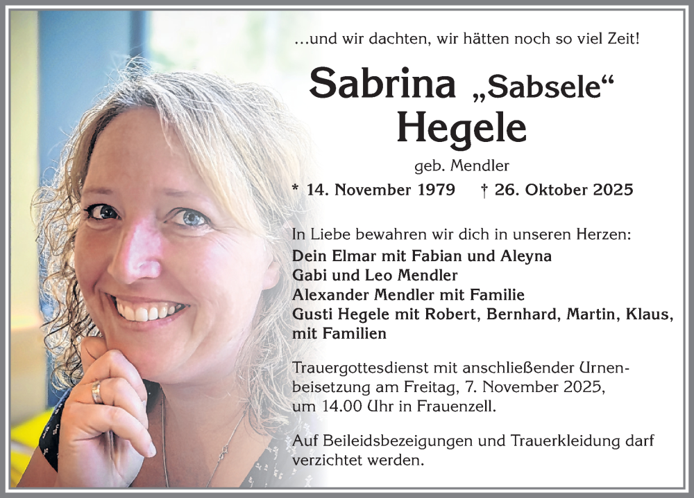  Traueranzeige für Sabrina Hegele vom 31.10.2025 aus Allgäuer Zeitung,Kempten