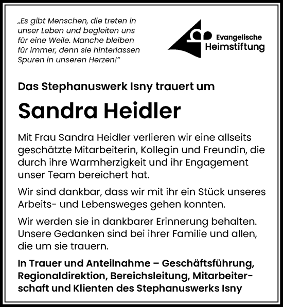 Traueranzeige von Sandra Heidler von Allgäuer Zeitung,Kempten