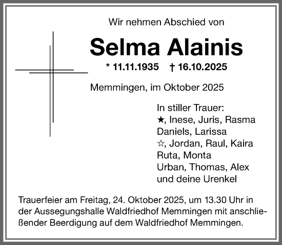 Traueranzeige von Selma Alainis von Memminger Zeitung