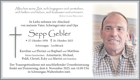 Traueranzeige von Sepp Gebler von Allgäuer Zeitung, Füssen