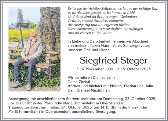 Traueranzeige von Siegfried Steger von Allgäuer Zeitung, Kaufbeuren/Buchloe