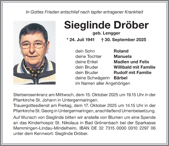 Traueranzeige von Sieglinde Dröber von Allgäuer Zeitung, Kaufbeuren/Buchloe