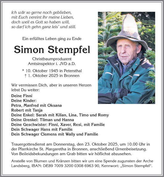 Traueranzeige von Simon Stempfel von Augsburger Allgemeine, Landsberger Tagblatt