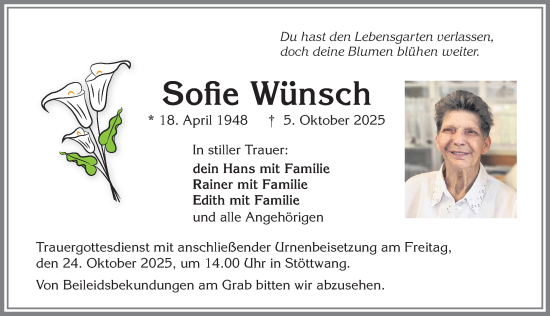 Traueranzeige von Sofie Wünsch von Allgäuer Zeitung, Kaufbeuren/Buchloe