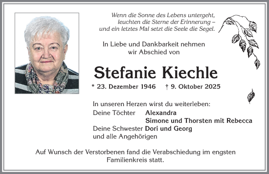 Traueranzeige von Stefanie Kiechle von Allgäuer Zeitung, Kaufbeuren/Buchloe