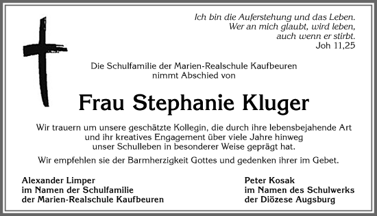 Traueranzeige von Stephanie Kluger von Allgäuer Zeitung, Kaufbeuren/Buchloe