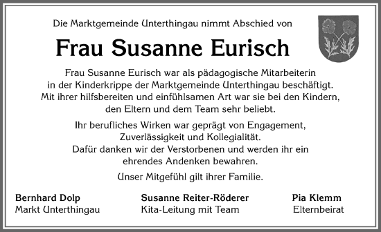 Traueranzeige von Susanne Eurisch von Allgäuer Zeitung, Marktoberdorf