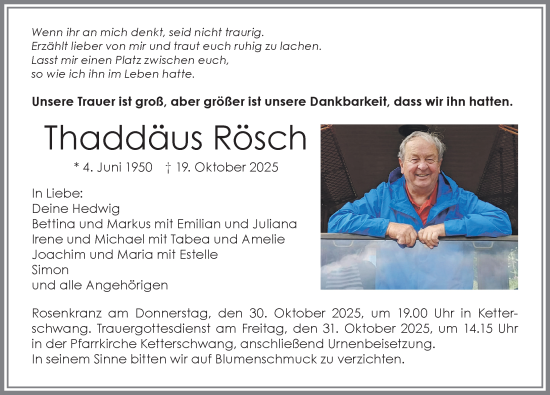 Traueranzeige von Thaddäus Rösch von Allgäuer Zeitung, Kaufbeuren/Buchloe