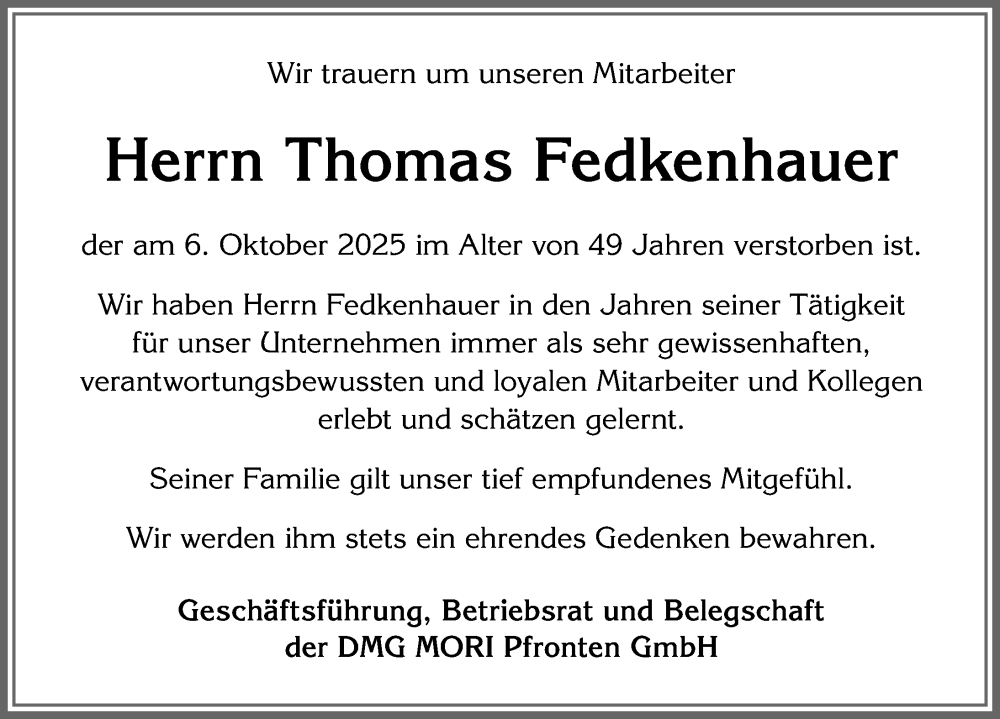  Traueranzeige für Thomas Fedkenhauer vom 10.10.2025 aus Allgäuer Zeitung, Marktoberdorf