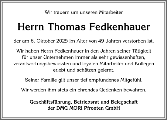 Traueranzeige von Thomas Fedkenhauer von Allgäuer Zeitung, Marktoberdorf