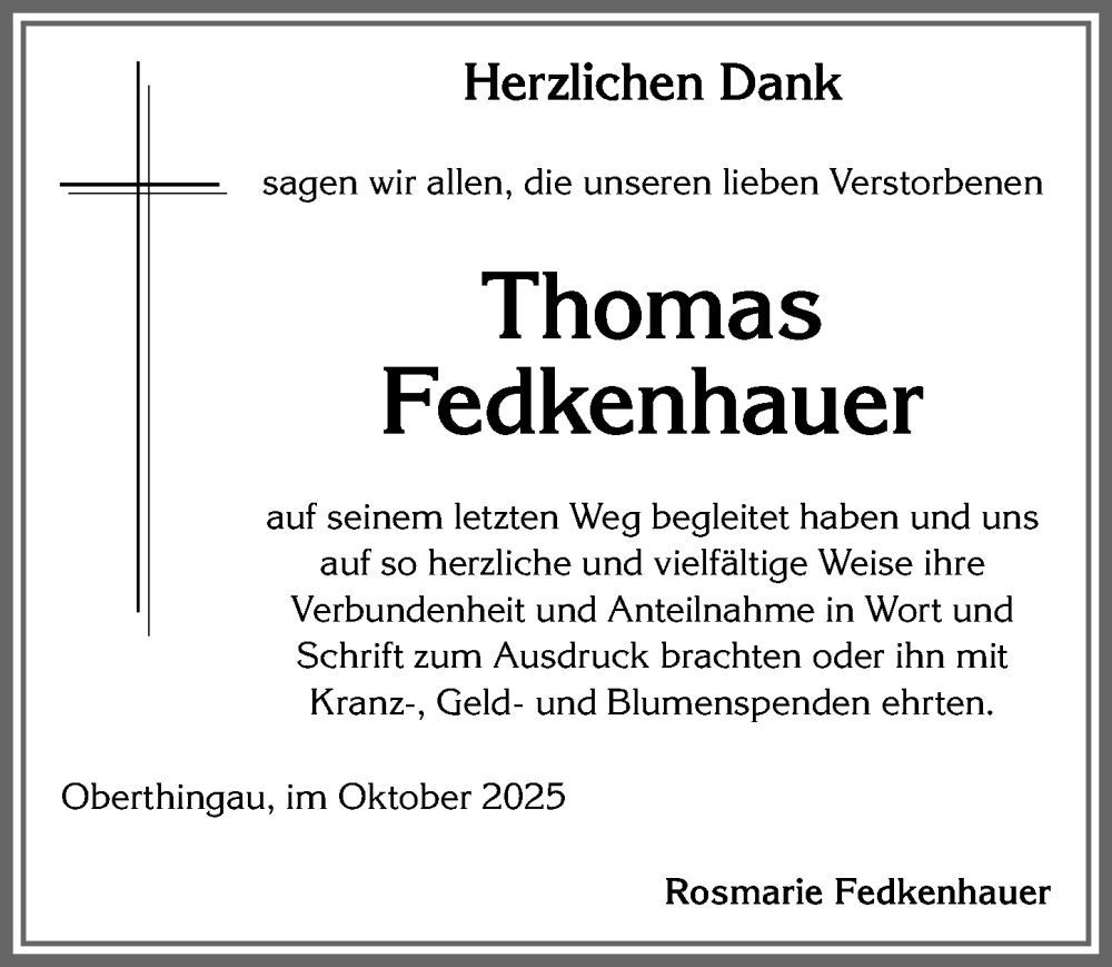  Traueranzeige für Thomas Fedkenhauer vom 18.10.2025 aus Allgäuer Zeitung, Marktoberdorf
