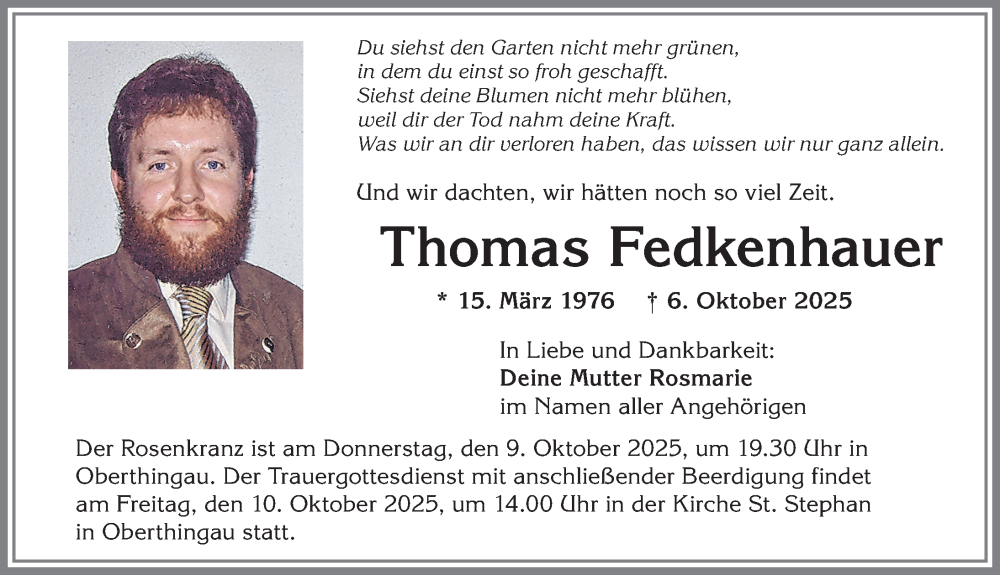  Traueranzeige für Thomas Fedkenhauer vom 09.10.2025 aus Allgäuer Zeitung, Marktoberdorf