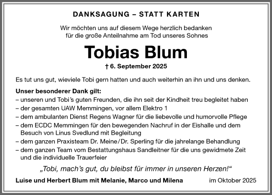 Traueranzeige von Tobias Blum von Memminger Zeitung