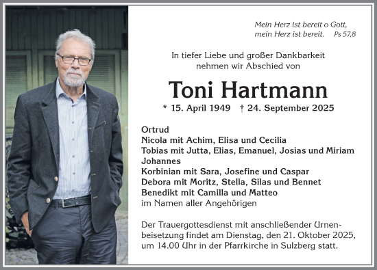 Traueranzeige von Toni Hartmann von Allgäuer Anzeigeblatt