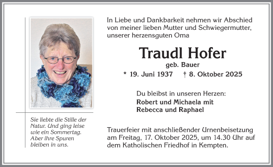 Traueranzeige von Traudl Hofer von Allgäuer Zeitung,Kempten