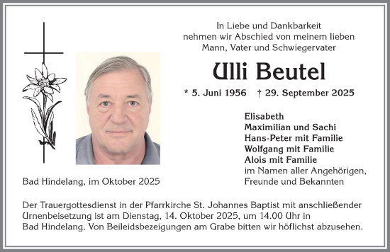 Traueranzeige von Ulli Beutel von Allgäuer Anzeigeblatt