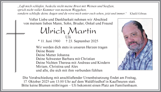 Traueranzeige von Ulrich Martin von Allgäuer Zeitung, Kaufbeuren/Buchloe