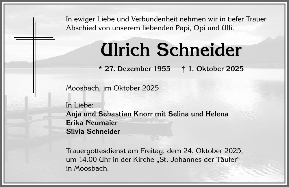  Traueranzeige für Ulrich Schneider vom 21.10.2025 aus Allgäuer Zeitung,Kempten