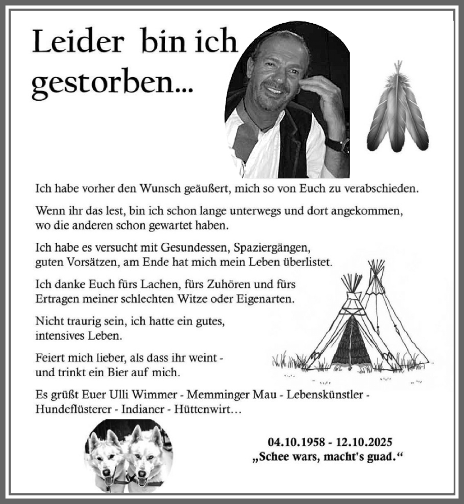  Traueranzeige für Ulrich Wimmer vom 31.10.2025 aus Memminger Zeitung