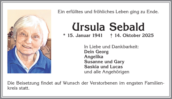 Traueranzeige von Ursula Sebald von Allgäuer Zeitung, Kaufbeuren/Buchloe