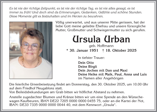 Traueranzeige von Ursula Urban von Allgäuer Zeitung, Kaufbeuren/Buchloe
