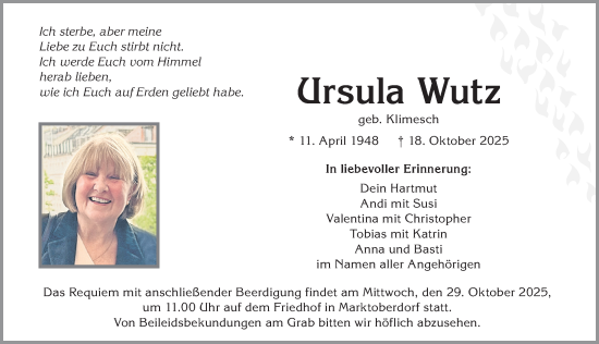 Traueranzeige von Ursula Wutz von Allgäuer Zeitung, Marktoberdorf