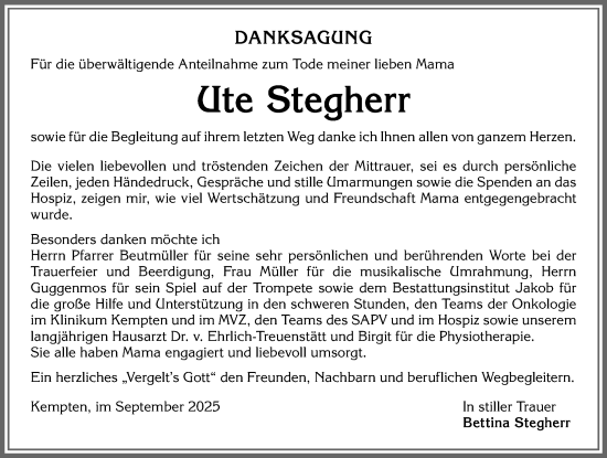 Traueranzeige von Ute Stegherr von Allgäuer Zeitung,Kempten